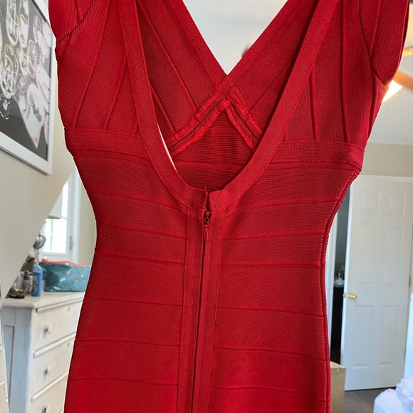 Herve Leger Red V Neck Mini Bandage Dress XS - Picture 6 of 11